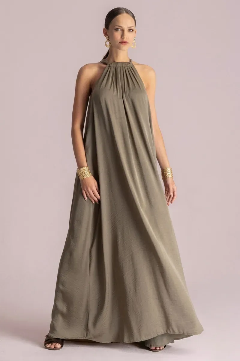 Vestido Largo Fluido Escote Halter Verde - Vestido Elegante Mujer Moutaki