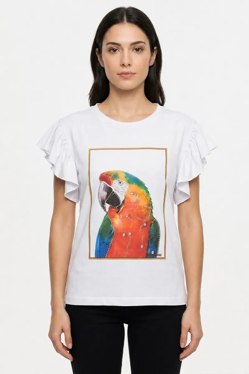Camiseta Manga Volantes Tropical Sparkle Blanca - Top Elegante Mujer Sarah Chole