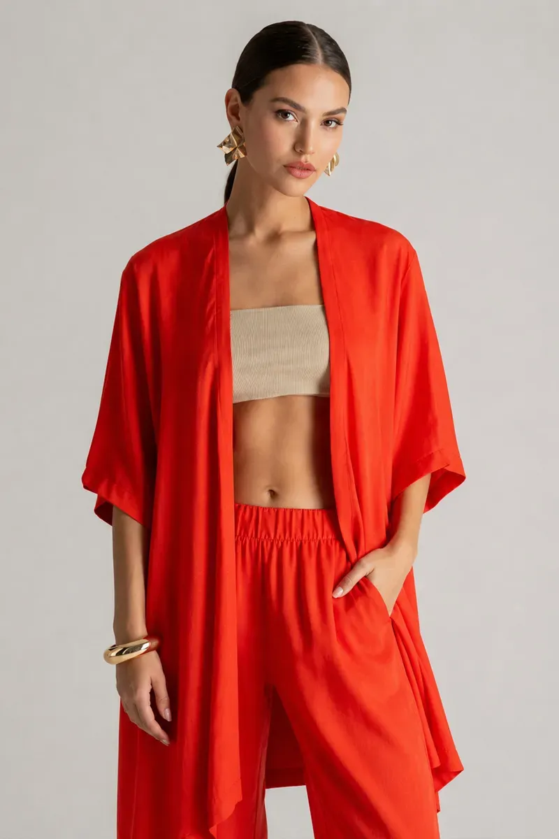 Kimono Fluido de Lino Naranja - Conjunto Mujer Elegante Moutaki