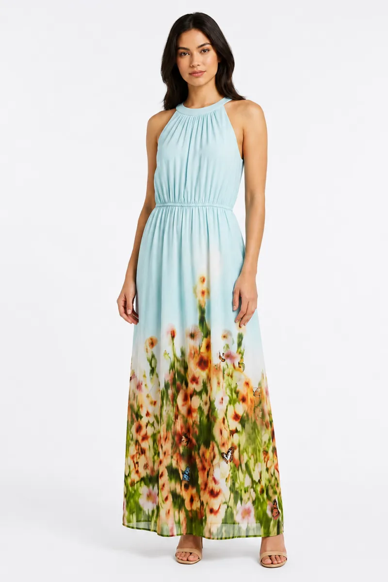Vestido largo degradado azul con estampado floral | Nümph | RettoModaStils