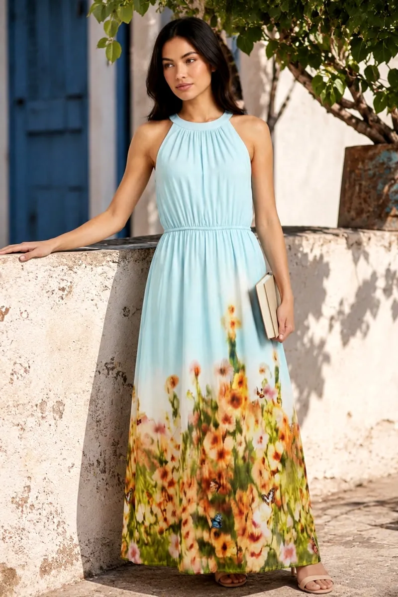 Vestido largo degradado azul con estampado floral | Nümph | RettoModaStils