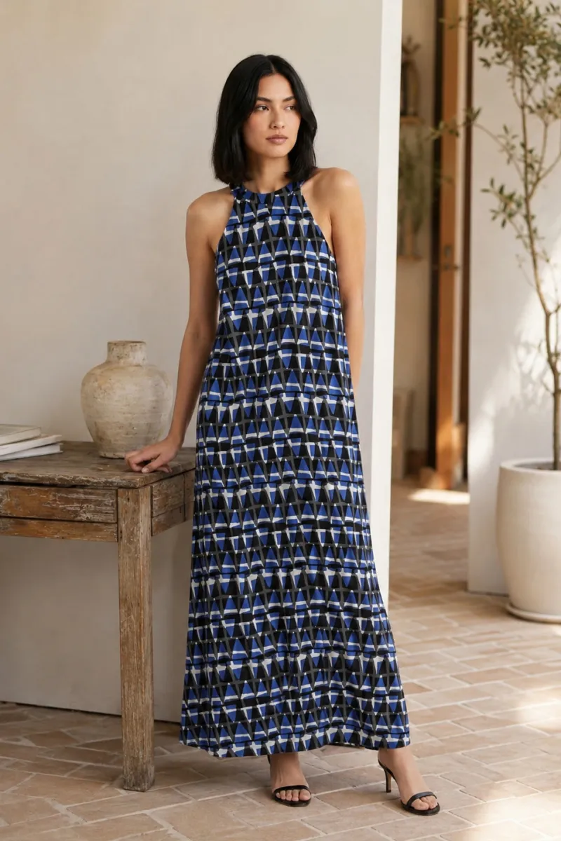 Vestido largo geométrico triángulos | CafèNoir | RettoModaStils