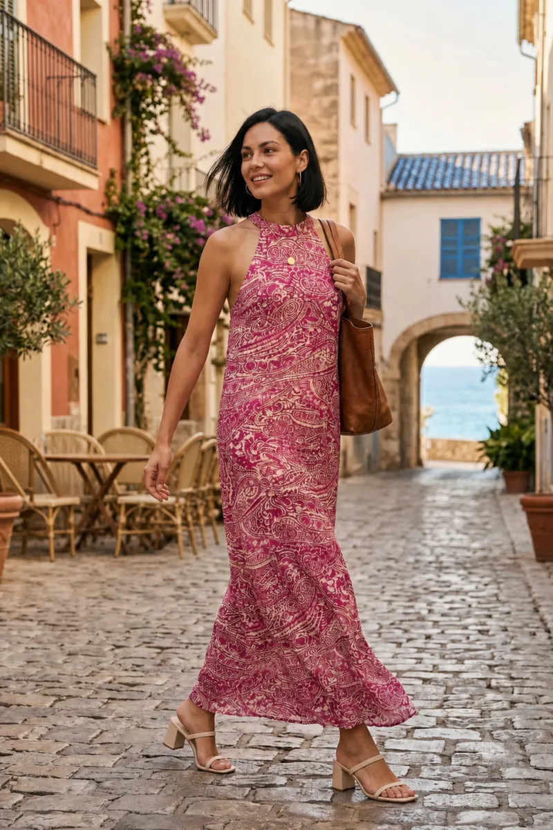 Vestido largo halter paisley | CafèNoir | RettoModaStils