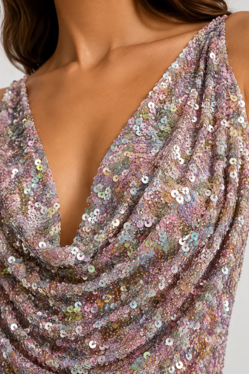 Vestido fiesta lentejuelas detalle | Sarah Chole | RettoModaStils