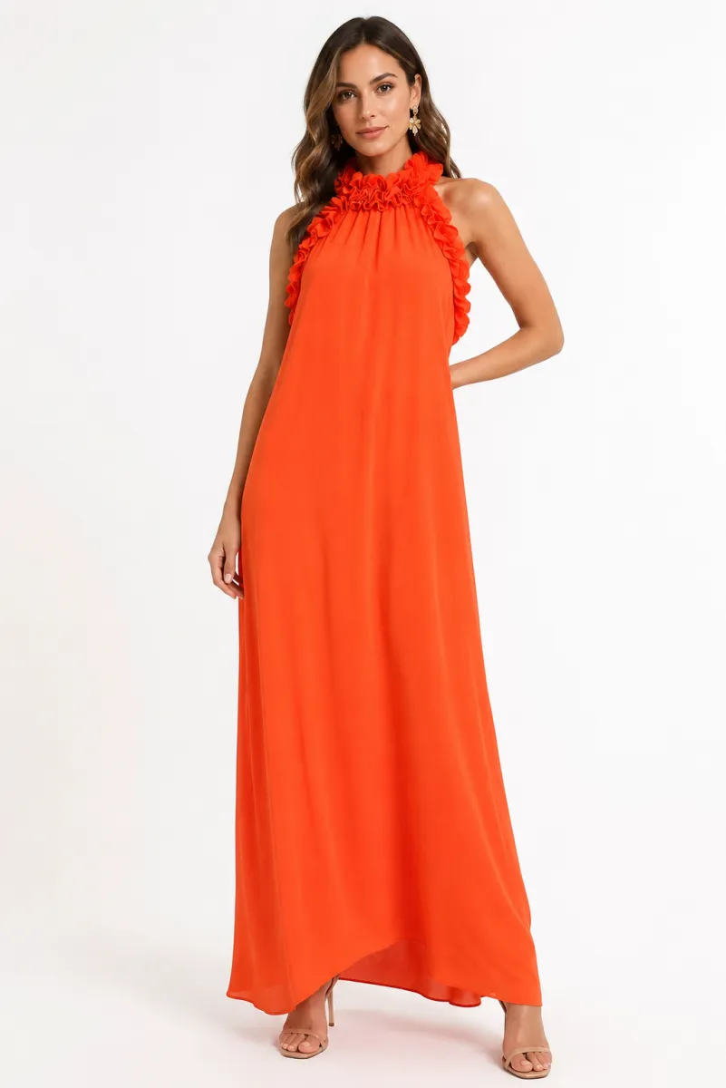Vestido largo halter volantes naranja | Sarah Chole | RettoModaStils