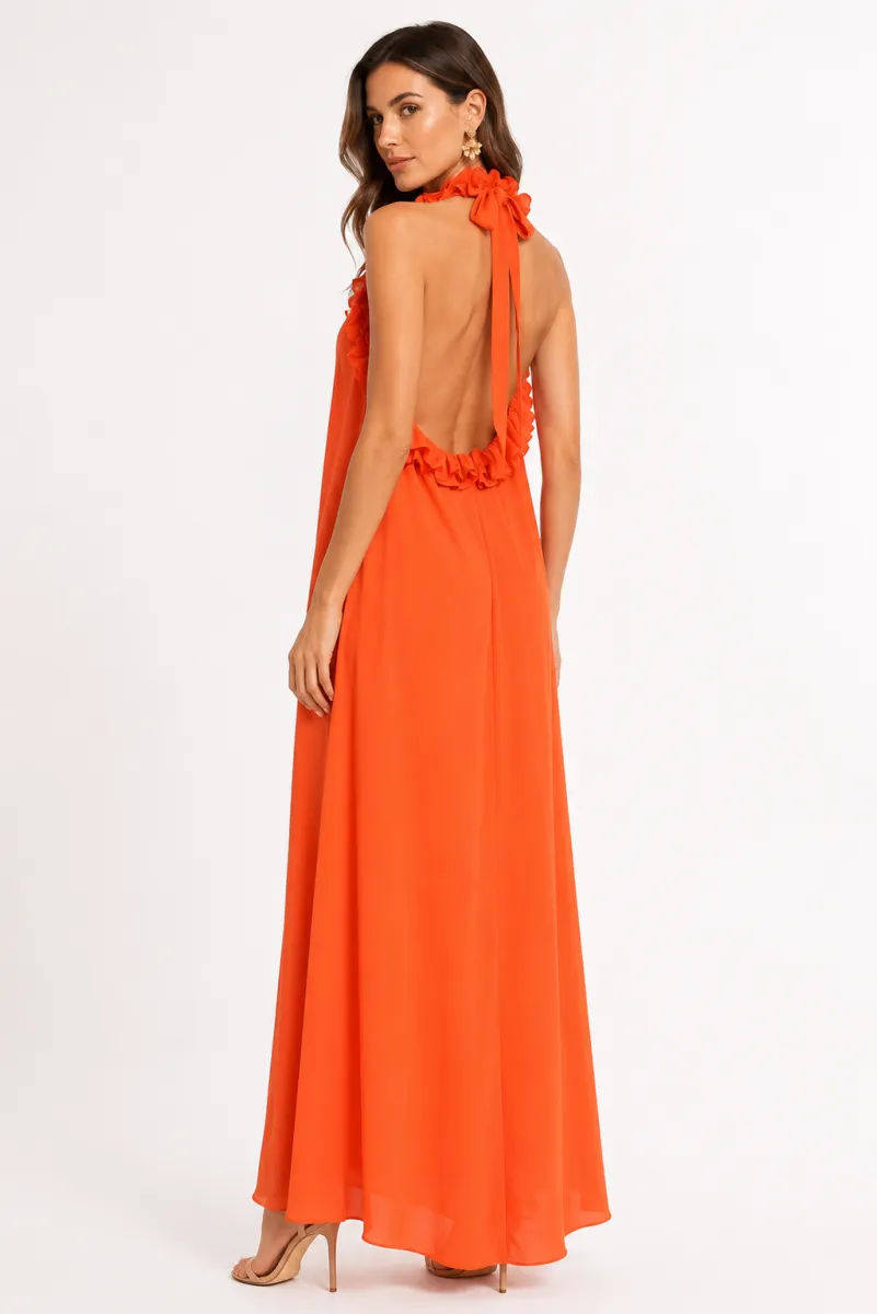 Vestido largo halter volantes naranja espalda | Sarah Chole | RettoModaStils