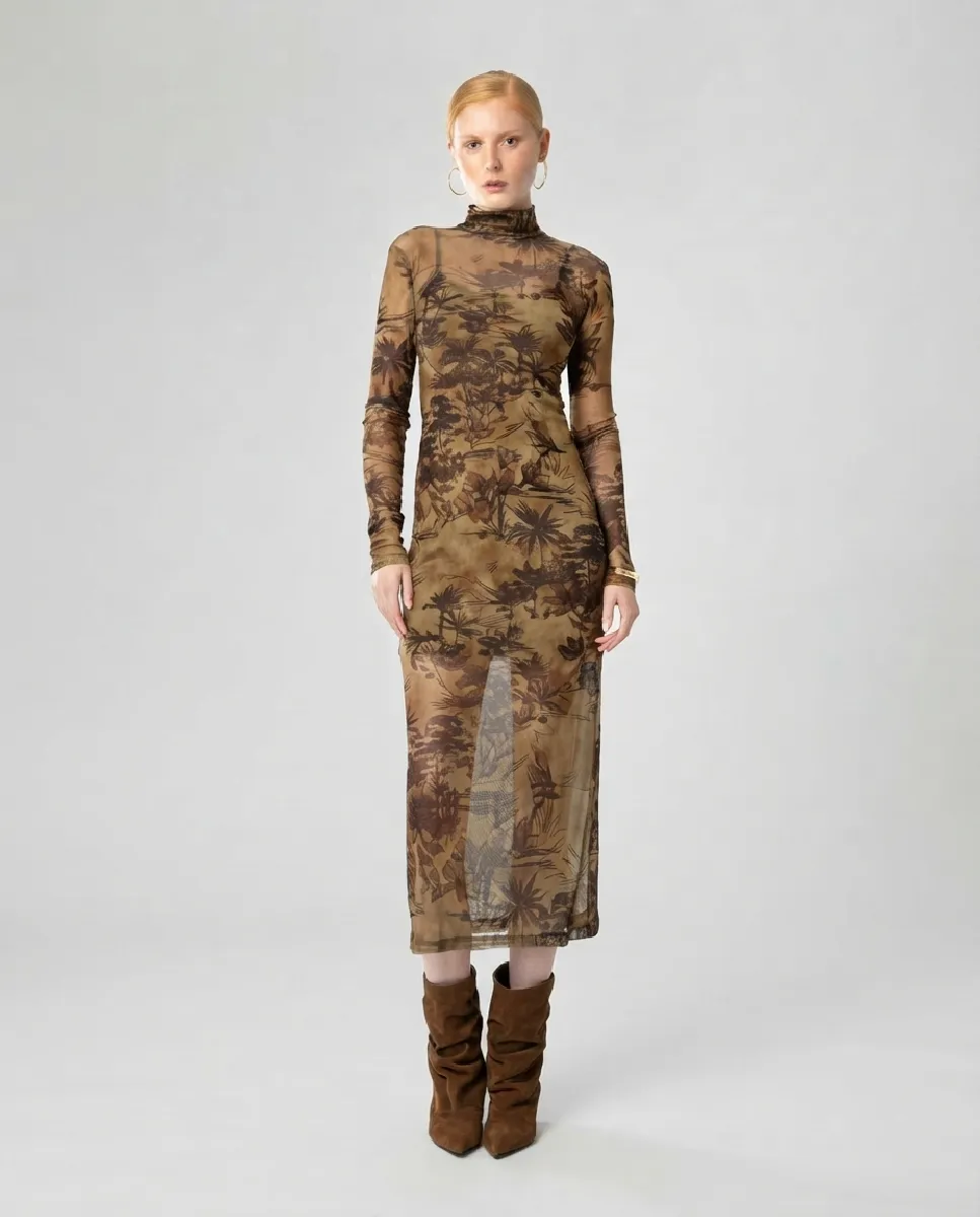 Vestido midi de malla estampada con cuello alto | Moutaki | RettoModaStils