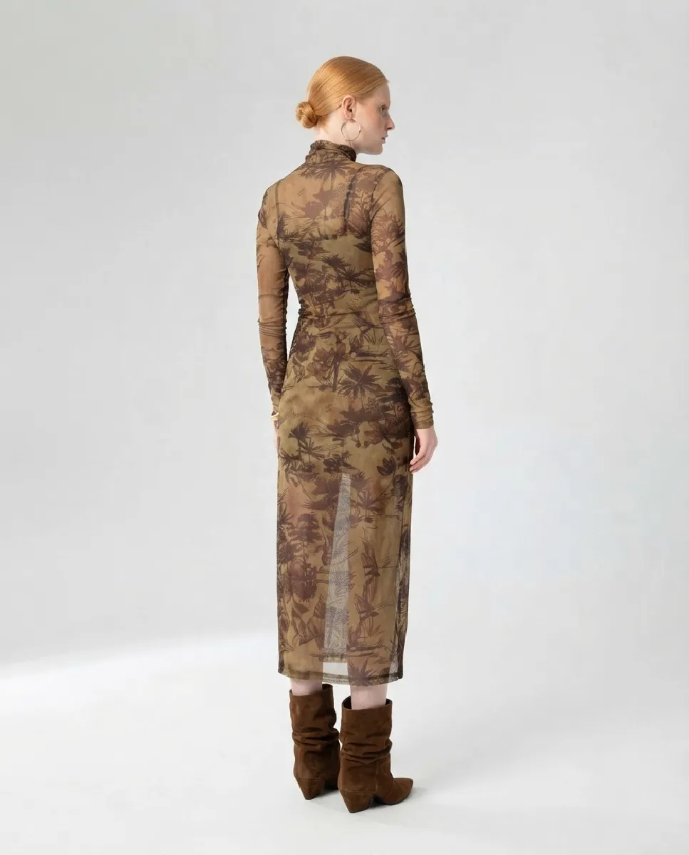 Vestido midi de malla estampada con cuello alto | Moutaki | RettoModaStils